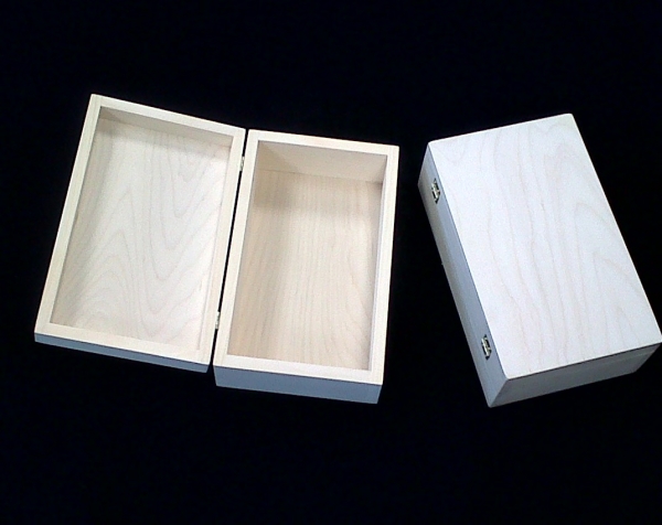 Custom wood boxes with hinged lid, one shown open and one shown closed.